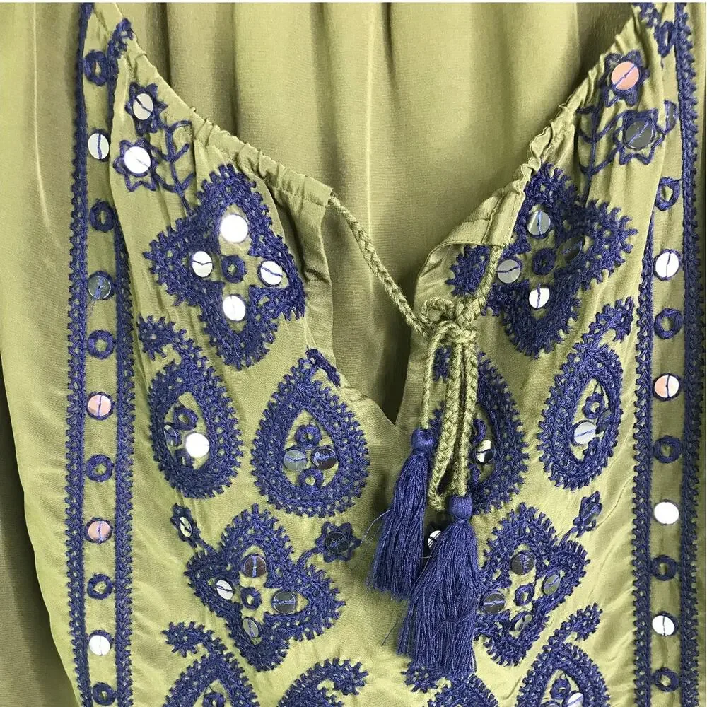 Tory Burch Camille Embroidered Silk Blouse Womens Size 0 Olive Green‎ boho chic